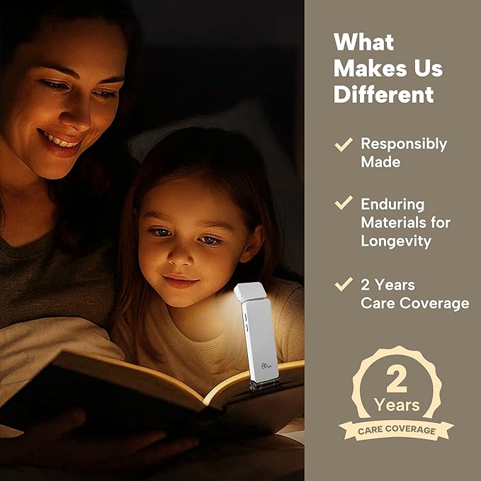 86lux Book Light, Rechargeable Clip-On LED Reading Light for Bed & Night Use - 3 Color Temperatures with Stepless Dimming, Ultralight Bookmark Design for Kids, Book Lovers, White