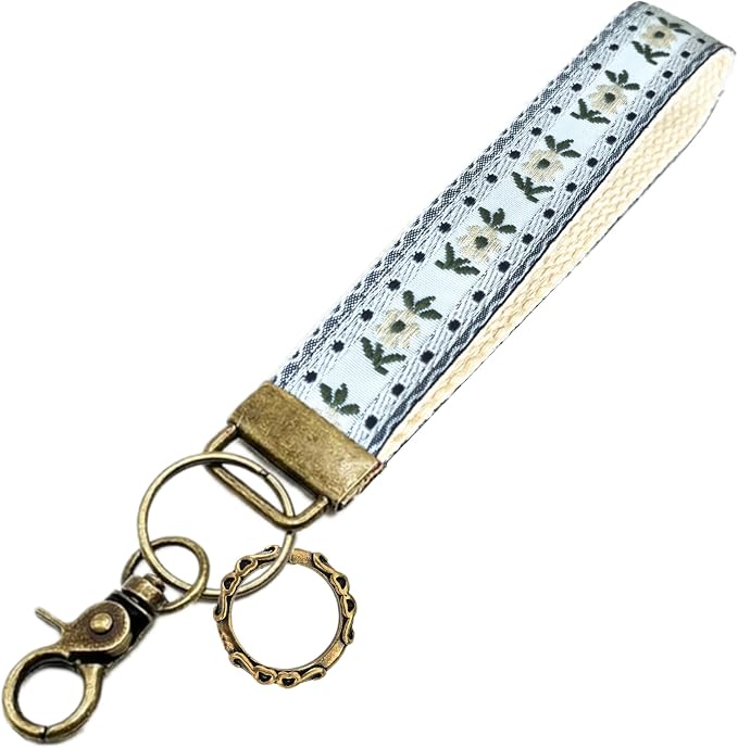 Boho Vintage Embroidered Floral plant Wristlet Keychain for Women | Cute Lanyard&Antique Brass Clasp, Lightweight Hands-Free Key Holder for keys,purses,handbags and daily outdoor use for ladies