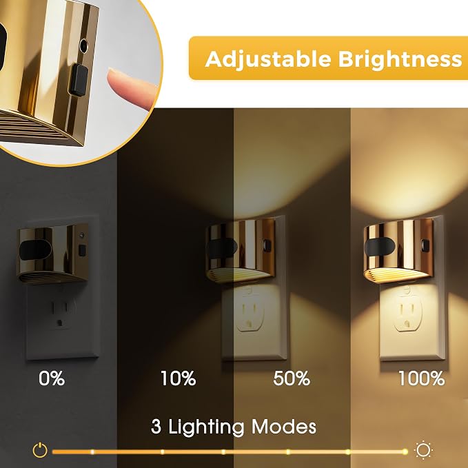 L LOHAS LED Motion Sensor Night Light, Night Lights Plug into Wall, 2 Pack | Nightlight with Dusk to Dawn & Motion Detection Sensor, 30-100Lm Adjustable Brightness, 3000K Warm White, Gold Housing