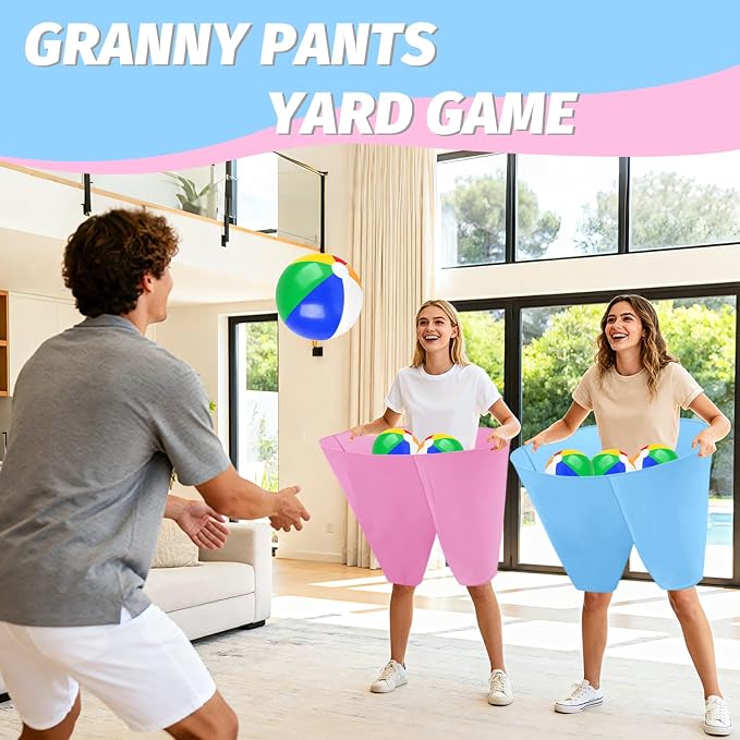Granny Pants Outdoor Game, 2PCS Granny Pants Game with 8 Bouncy Balls and 1 Air Pump (Random Colors) Granny Pants Yard Game Baby Shower Funny Party Game for Adults & Family, Giant Pants Catch