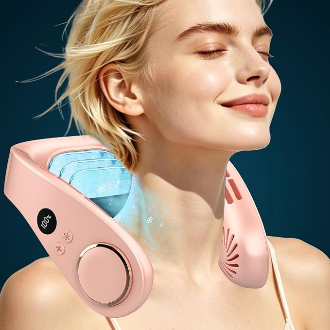 FWV Neck Fan with Cooling Plate, Whisper Quiet 30dB, 5500mAh Up to 24H, Hands-Free USB-C Headphone Fans, LED for Battery&Speed, Bladeless Portable Neck Coolers for Hot Weather Outside Sports Pink
