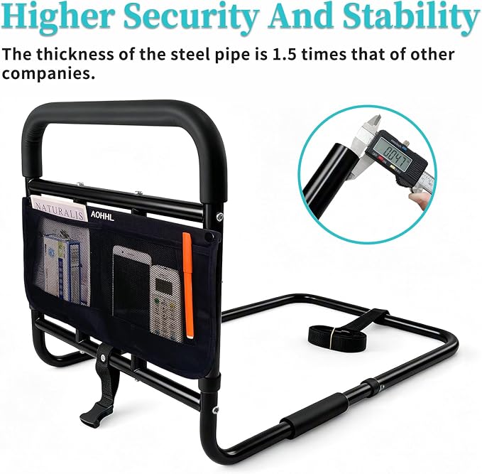 AOHHL Bed Rails for Elderly Adults Safety Adjustable Heights Storage Pocket Assist Support Side Railings for Seniors Citizens Slides Under Mattressbed Cane Bed Guard Bed Handles Bars (Black)