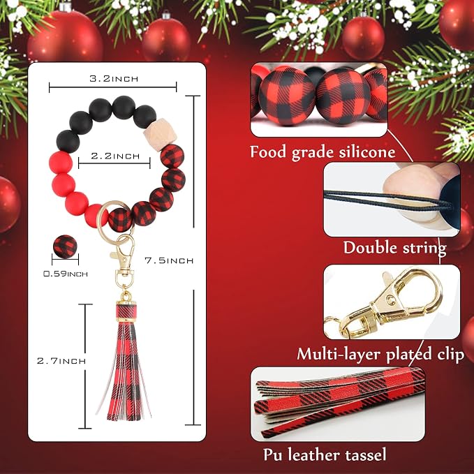 BAOSIWA Silicone Beaded Bracelet Keychain Wristlet Key Ring Bangle Chains for Women with Leather Tassel