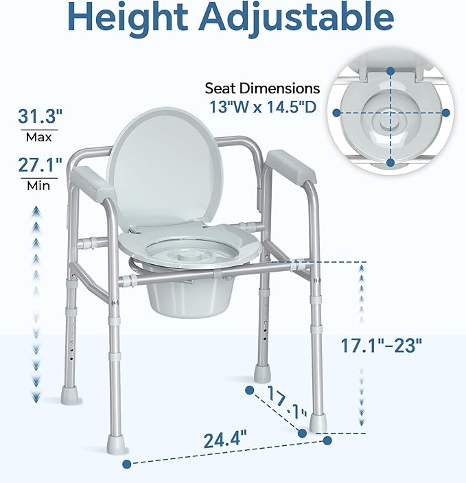 HOMLAND 3-in-1 Bedside Commode Chair with Sturdy Dual-Crossbar Support Construction, Stable Portable Commode Toilet with 7.5Qt Potty Bucket, 350 Lbs Bedside Commodes for Seniors, Silver