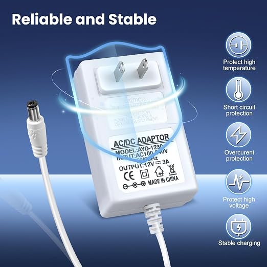 12V 3A Power Supply, 36W 12 Volt DC Power Adapter with On/Off Switch, 110V AC to 12V Wall Plug Transformer for LED Strip Lights with 5.5/2.1mm DC Female Connector, White