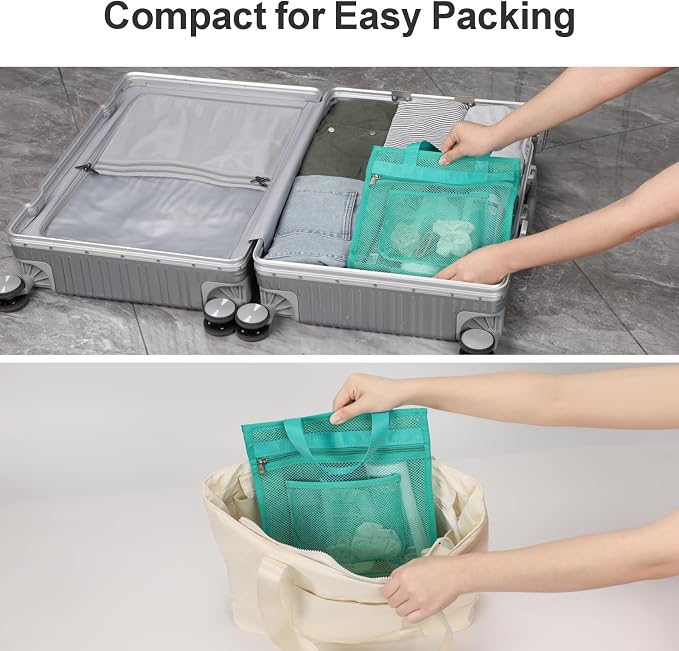 Small Mesh Shower Caddy Portable - Zipper Gym Travel Shower Bag, Mint Green | 3 Pockets, Quick-Dry Mesh, S-Hook, Hanging Shower Caddy for Toiletry Essentials, Bathroom & Camping