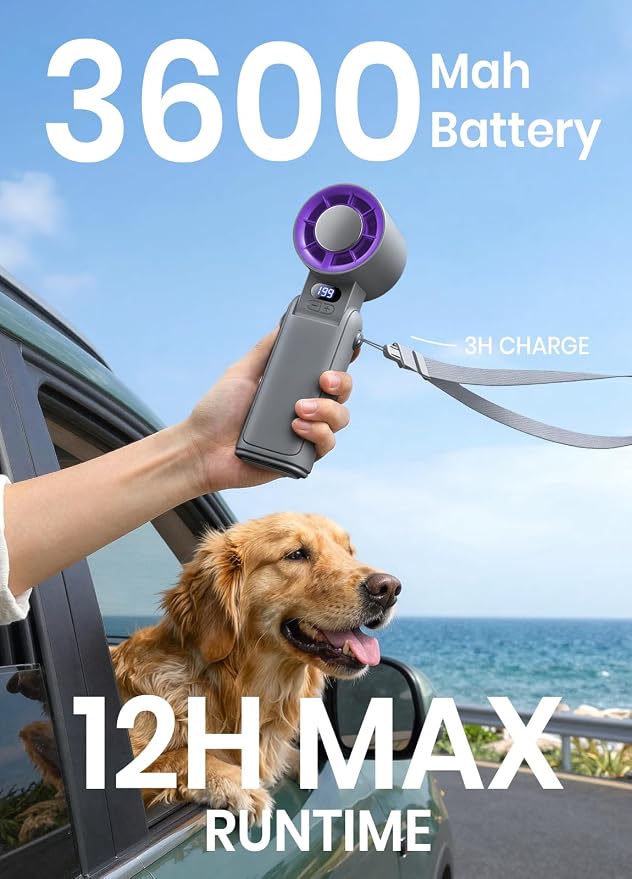Portable Handheld Turbo Fan, 1-199 Speed Adjustable, Grey Purple | 4 IN 1 Pocket Design with LED Display, High-Power Motor, Rechargeable Battery, Mini Fans for Indoor/Outdoor/Travel/Work