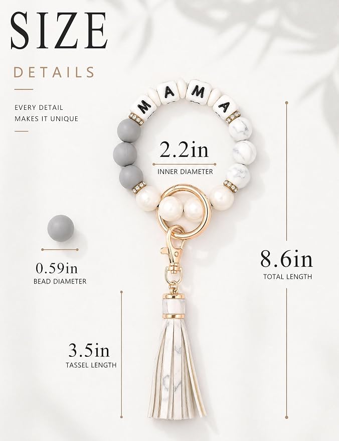BAOSIWA Silicone Beaded Bracelet Keychain Wristlet Key Ring Bangle Chains for Women with Leather Tassel