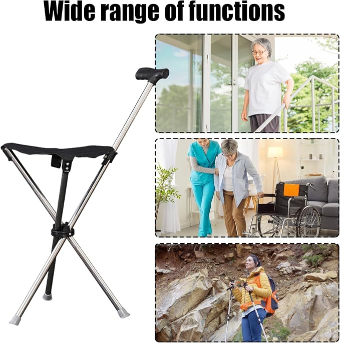Folding Cane with Seat - Portable Walking Stick, Adjustable Mobility Aid | Lightweight Foldable Crutch Stool with Non-Slip Base, Multifunctional Support Chair for Women, Men, Hiking, Outdoor Travel