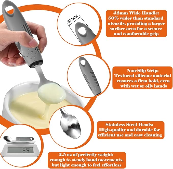 Adaptive Utensils with Adult Bib - 4pcs Weighted Utensils Set (2.5oz Each) for Hand Tremors, Elderly, Parkinson's, Arthritis - Non-Slip Easy Grip Handles for Independent Eating