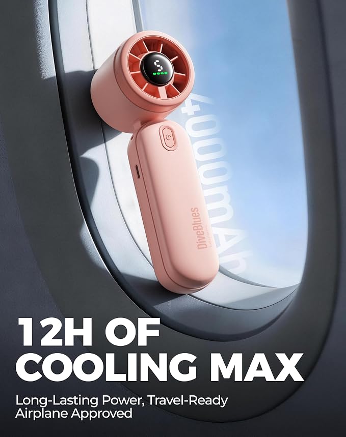 Diveblues Mini Portable Handheld Turbo Fan 27ft/s, 4000mAh Battery | 12H Max Cooling, 5 Speeds, LED Display, Quiet Motor, 3-in-1 Handheld/Neck/Desk Fan for Travel, Cruise & Disney Essentials