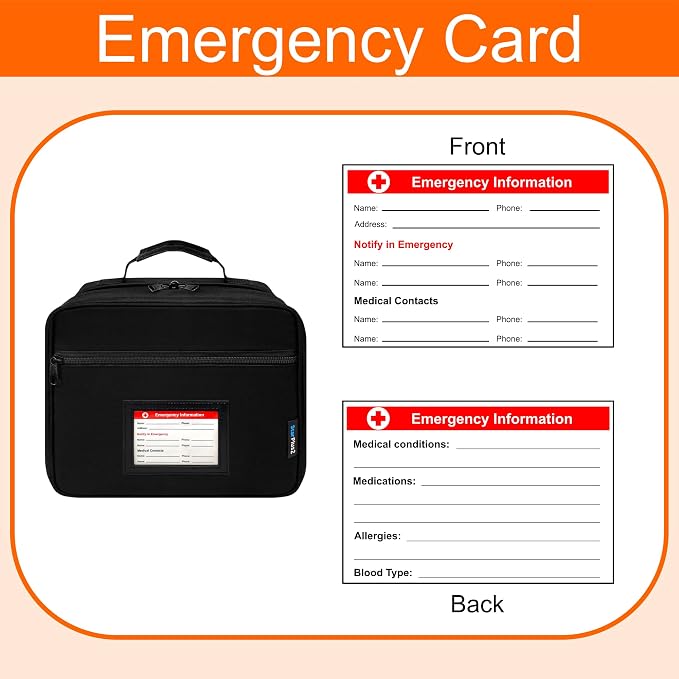 Large Medicine Organizer Bag With Emergency Card - 10 Pocket Pill Bottle Organizer for Travel & Home Storage, Black