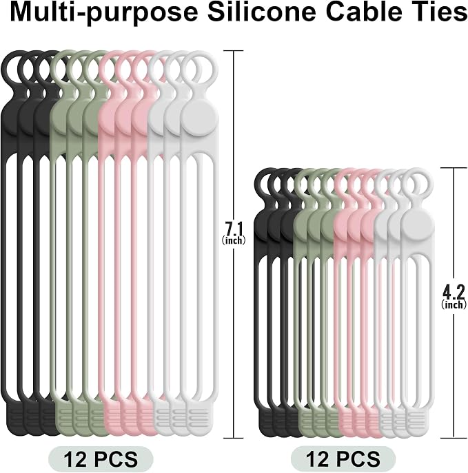Silicone Cable Ties Cord Organizer for Cable Management, 24PCS 4.2" and 7.1" Reusable Cable Organizer Electronic Accessories for Home, Office, Kitchen, School, Travel (4 Colors)