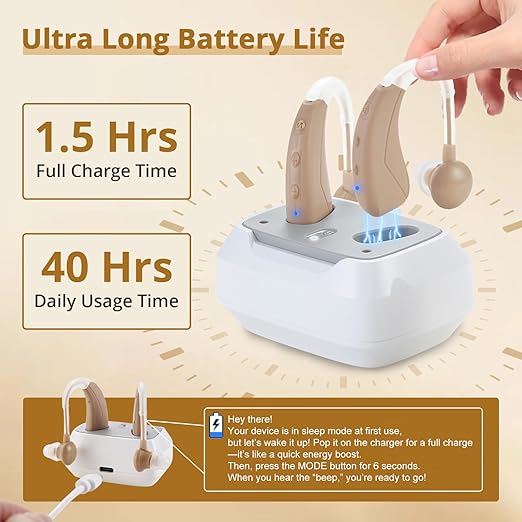Hearing Aids For Seniors - Rechargeable Hearing Amplifier For Seniors Noise Reduction,4 Modes,Adjustable Volume, Comfort Design and Nearly Invisible,Behind The Ear,With Charging case（Dark Beige）