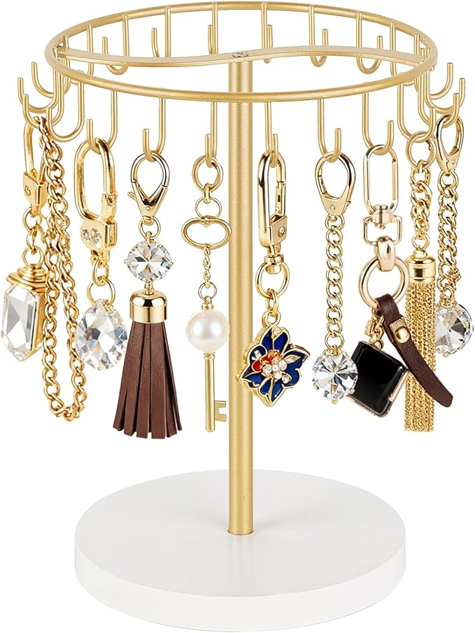 Dahey Keychain Holder Display Stand for Vendor, 22 Hooks Organizer for Desk | Space-Saving, Versatile Storage Keychain Bracelets Bag Charms for Study Entryway Decor, Sturdy Wood, Easy Assembly, Gold