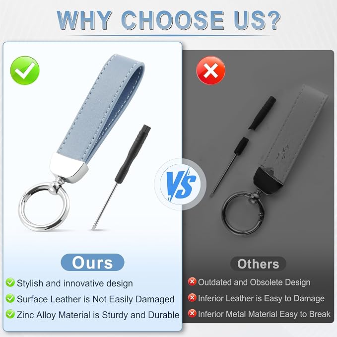 JUSTTOP Leather Keychain, Car Key Chain with Anti-Lost D-Ring and 2 Key Ring, Keychain Wristlet, Car Accessories, Universal Keychain for Men and Women (Blue)