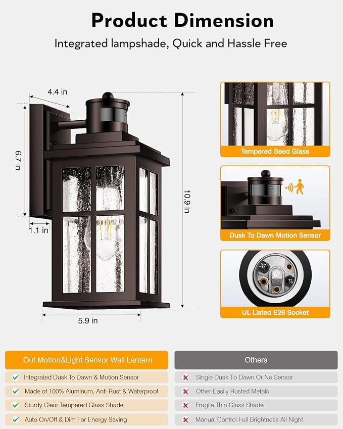 VIANIS Brown Motion Sensor Exterior Lighting Fixtures, Outdoor Garage Light | ORB, Anti-rust, Dimmable, Farmhouse Outside Porch Lights for House, Outdoor Wall Lantern for Garden, Patio, Front Door, Coach