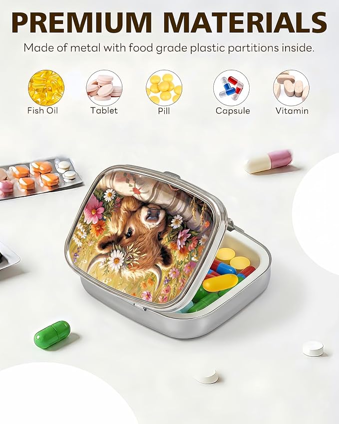 LRITER Pill Case, 2 Compartment Portable Small Travel Pill Organizer for Purse and Pocket, Stylish Medicine Case with Multiple Patterns, Daily Pillbox for Home & Travel (Calf)