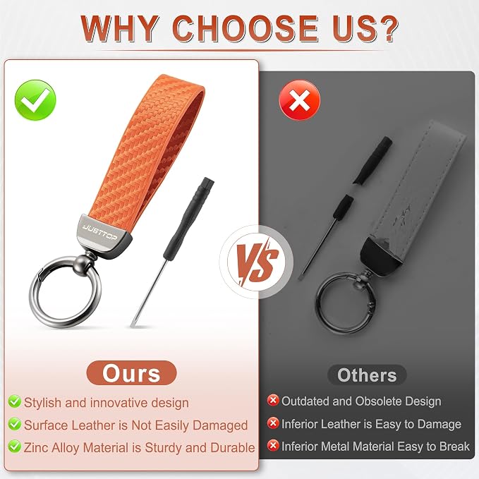 JUSTTOP Leather Keychain, Carbon Fiber Car Key Chain with Anti-Lost D-Ring and 2 Key Ring, Keychain Wristlet, Car Accessories, Universal Keychain for Men and Women (Orange)