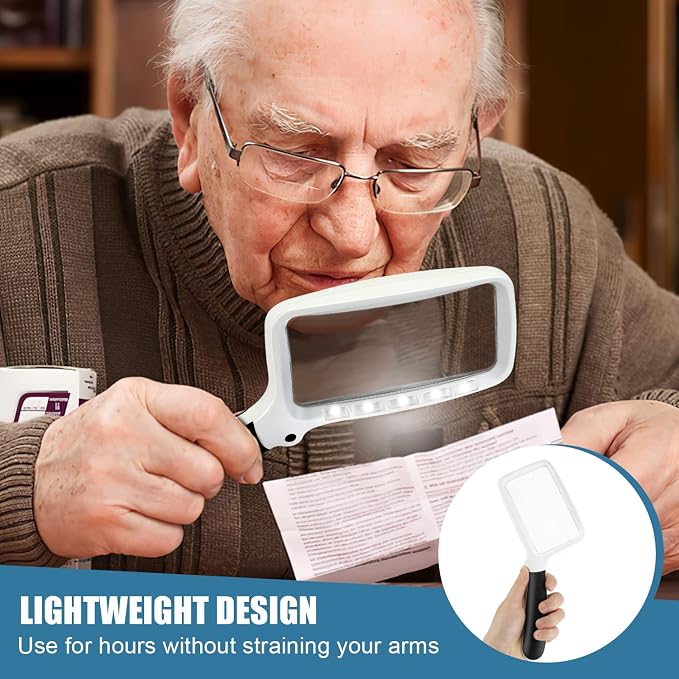 Folding Handheld Magnifying Glass with Light, 3X Large Rectangle Reading Magnifier, Dimmable for Seniors with Macular Degeneration, Newspaper, Books, Small Print, Lighted for Low Visions White Black