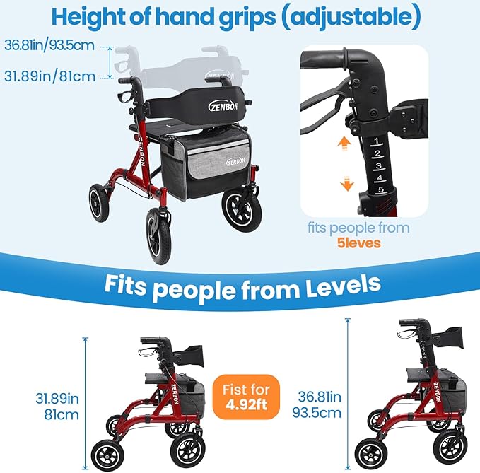 Rollator Walker for Seniors/Adults Foldable Rolling Walker with Seat 330 lbs Capacity 10 inch Wheels Hand Grips Adjustable Height Lightweight Durable Aluminum Walker Removable Back Support 7210(Red)