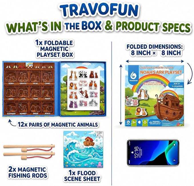 Travofun Magnetic Travel Games, Travel Toys for Toddlers 3-5, Noah's Ark | Magnetic fishing game plus matching, spelling, and story play; a quiet travel toy for toddlers 3-5 on car rides and planes.