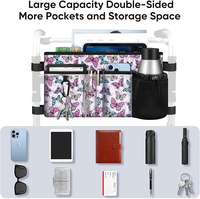 FINPAC Large Walker Tote Bag w/Cup Holder, Folding Walker Attachment Pouch | Water-resistant Polyester, Organized Pockets, Reflective Strip, Mobility Aid Storage Basket for Seniors, Butterfly