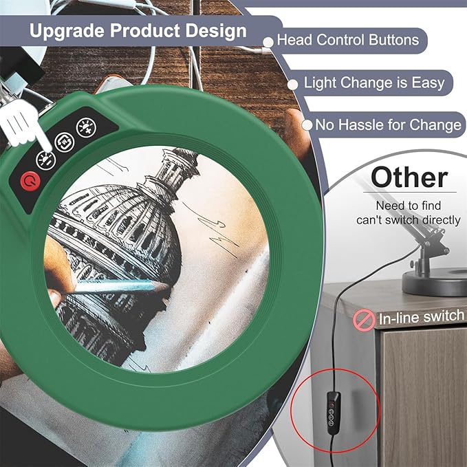 10X Magnifying Glass with Light and Stand, Upgrade Button 5 Color Modes Stepless Dimmable, 2-in-1 LED Lighted Magnifier Light, Hands Free Desk Lamp with Clamp for Craft Hobby Close Work - Green