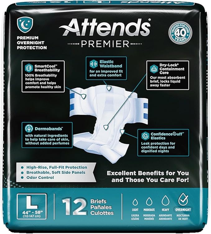 Attends Premier Adult Disposable SmartCool® Briefs, Large, 44-58" High-Rise Waist Tab Closure, Premium Overnight Dry-Lock Protection, Odor Control, 48ct Case