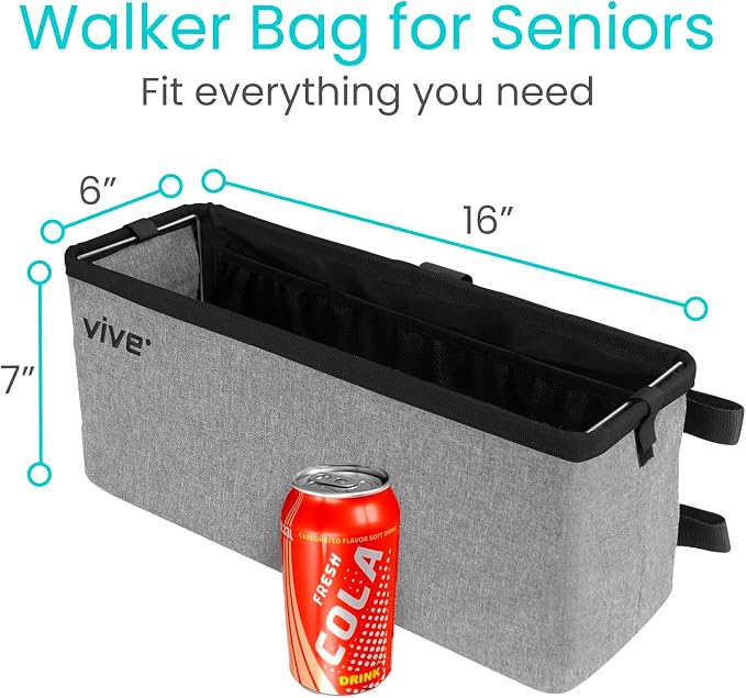 Vive Walker Basket Accessories Bag - Tray for Folding Walker with Water Cup | Holder & Pockets - Universal Large Capacity Storage Container for Seniors, Elderly - Storage Mobility Aid Pouch (Gray)