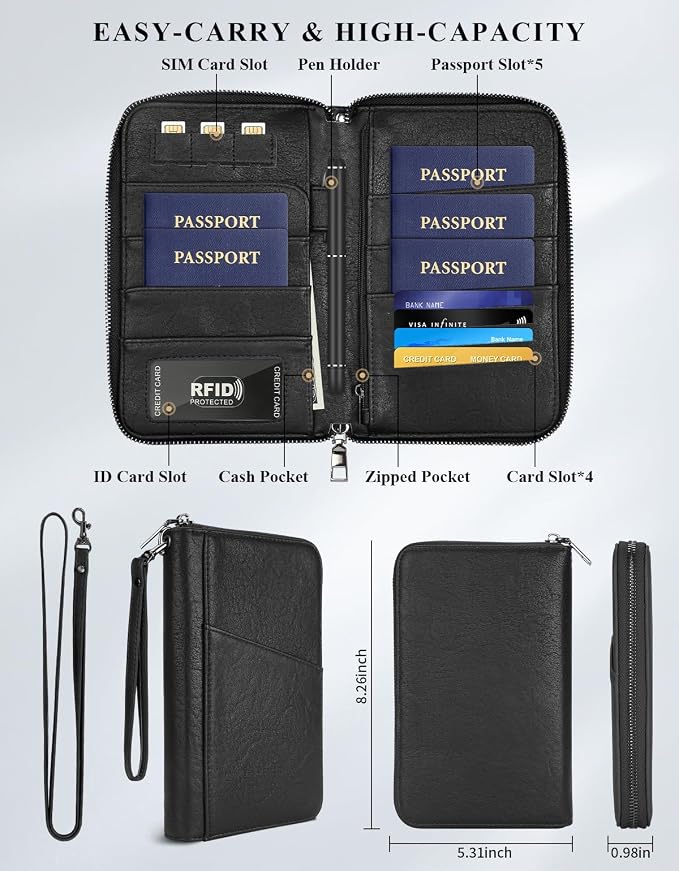 Family Passport Holder Wallet RFID Travel Document Organizer for Women Men, Portable Case Cover for Cards, Boarding Pass with Wrist & Neck Double Strap, Travel Gifts (Textured Black, 1pack)