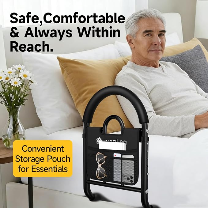 Bed Rails for Elderly Adults Safety - Adjustable Bed Assist Rail with Non-Slip Handle & Storage Pocket, 350LBS, Tool-Free, ASTM Compliant, Bed Cane for Seniors Fits King/Queen/Full/Twin Beds
