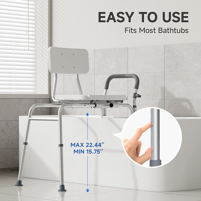 Tub Transfer Bench and Sliding Bathtub Shower Chair for Inside Shower Chair for Elderly and Disabled,Adjustable Seat Height, Holds Weight up to 350 Lbs, Bath and Shower Safety, Transfer Bench
