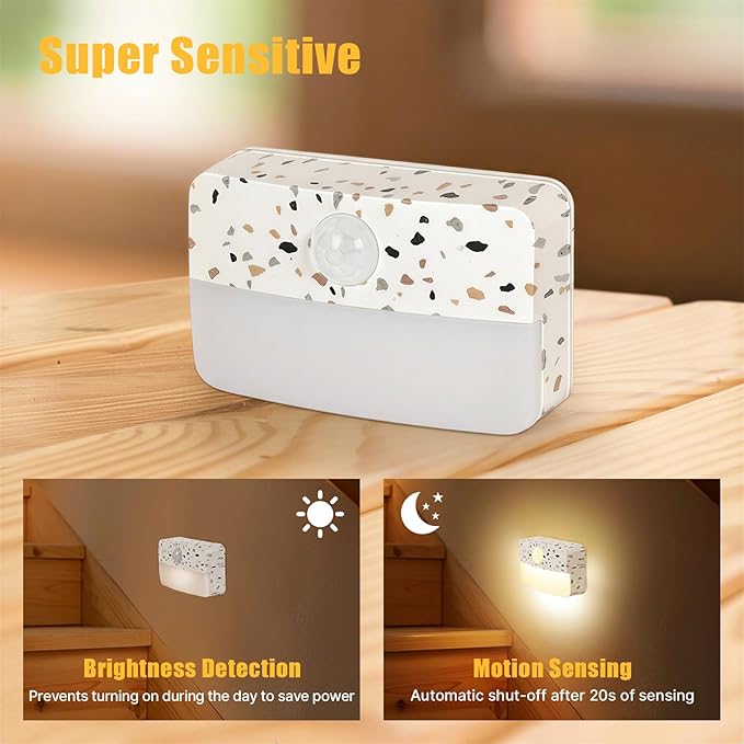 Guankai 16 Pack Motion Sensor Stair Light for Indoor, Battery Operated Closet Lights, Wireless Stick on Anywhere Hallway Lamp, Portable Led Night Lamps for Bedroom Under Cabinet Kitchen,Terrazzo White