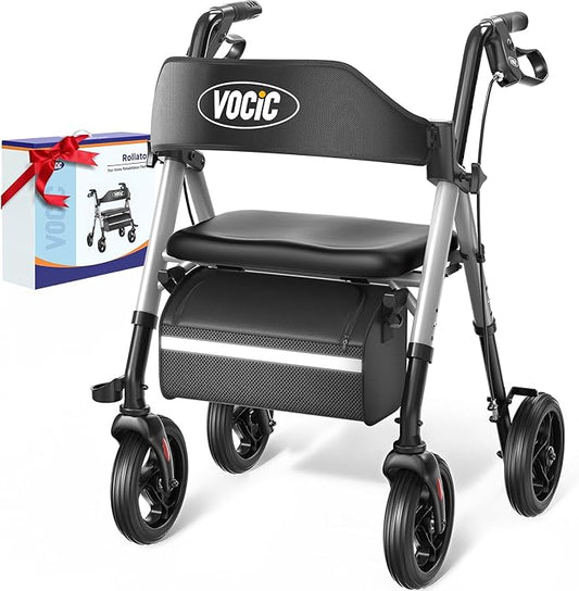 VOCIC Walkers for Seniors, Z21 Rollator Walker with Seat Supports 350lb, 8" Big Wheels for All Terrain, Ergonomic Arc Seat & 6" Ultra Backrest Foldable Walker, Dual Height Adjustment, Lightweight 2025