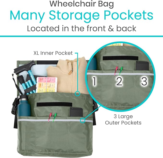 Vive XL Wheelchair Accessories Bag - Waterproof, Scratch-Resistant, Double-Stitched, Machine Washable for Adults, Seniors, 15 Colors - Storage Walker Backpack to Hang on Back of Wheel Chair