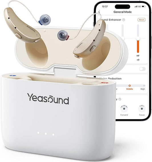 Yeasound OTC Hearing Aids for Seniors, RIC700 Plus Bluetooth Call Enabled for iOS, Wireless Rechargeable Hearing Aid, Noise Reduction & App Control, Prescription-Grade Sound, Nearly Invisible (Gold)