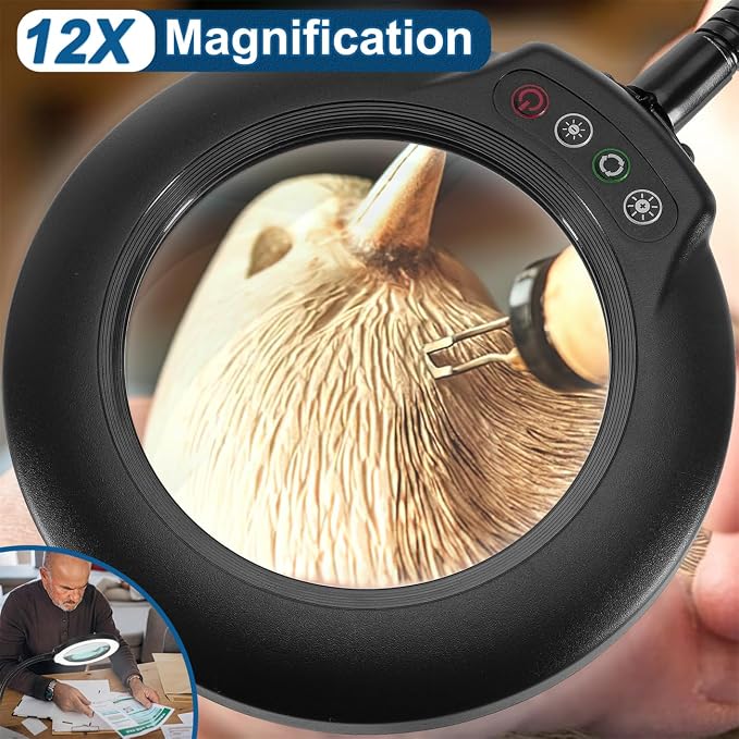 IVMAIE 12X Magnifying Glass with Light, Real Glass Lens, 5 Color Modes Dimmable, Flexible Gooseneck Lighted Magnifier with Stand, LED Desk Lamp Hands Free for Crafts Painting Sewing Reading Close Work
