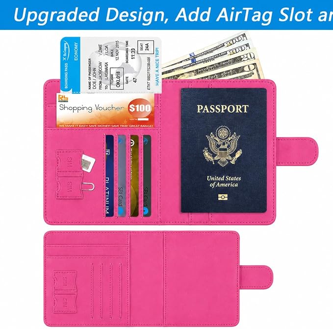 Passport Holder with Air-Tag Slot RFID Blocking Leather Travel Wallet | Multiple Card Compartments, SIM Card Access, Compact Carry Design, Flight Ready Essentials for Men & Women, Fuchsia