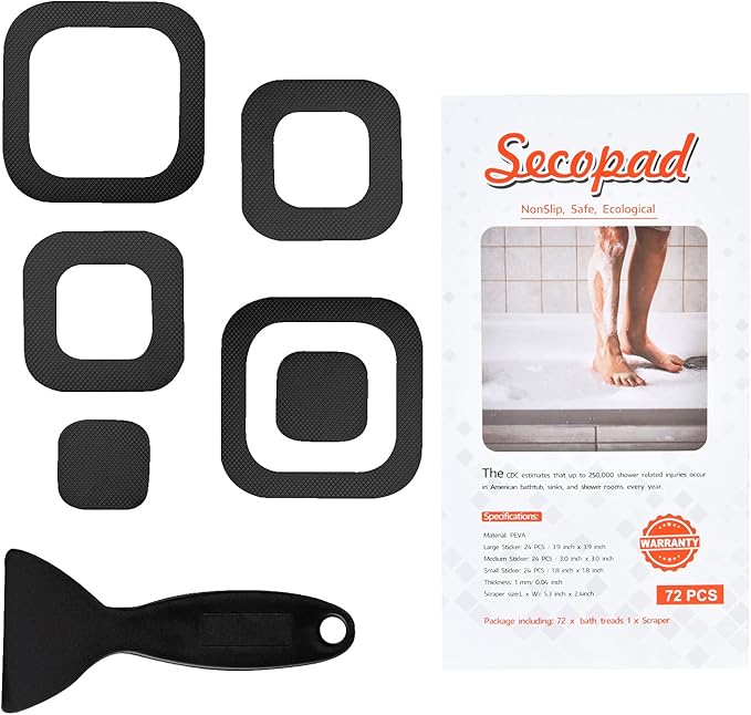 Non-Slip Bathtub Stickers, 72 PCS Safety Bathroom Tubs Showers Treads Adhesive Decals Scraper (Black)