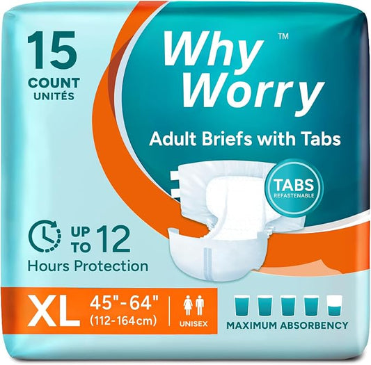 WhyWorry Adult Diapers with Tabs, Maximum Absorbency, XLarge, 15 Count | Disposable Incontinence Briefs, for Women & Men, Leak-Proof Diaper, Overnight Protection, Odor Control, Unisex