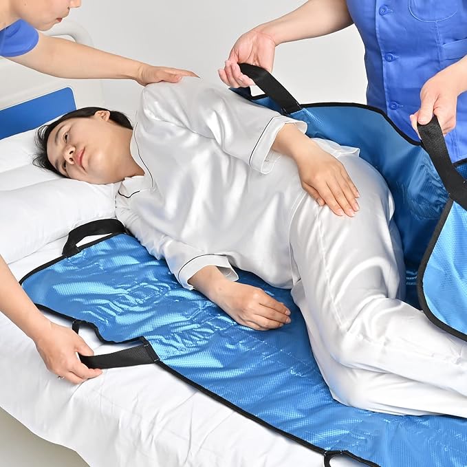 Positioning Bed Pad with Handles 48" X 40"Elderly Lifting Devices Transfer Board Slide Sheet Patient Transfer Board Draw Sheets Sling Transfer Belt with Handles Waterproof Reusable Washable Blue