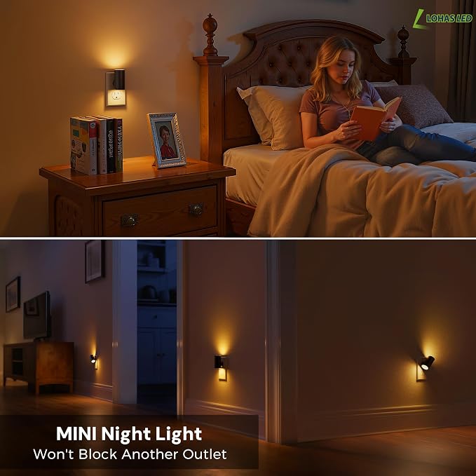 L LOHAS LED Amber Night Light, Yellow Nightlight,Rotating,Dimmable 50/100LM | Plug into Wall, Warm Circadian Nightlight,Light Sensor Nightlight Plug in, Adults Hallway Bedroom Bathroom[Black Shade,2Pack]