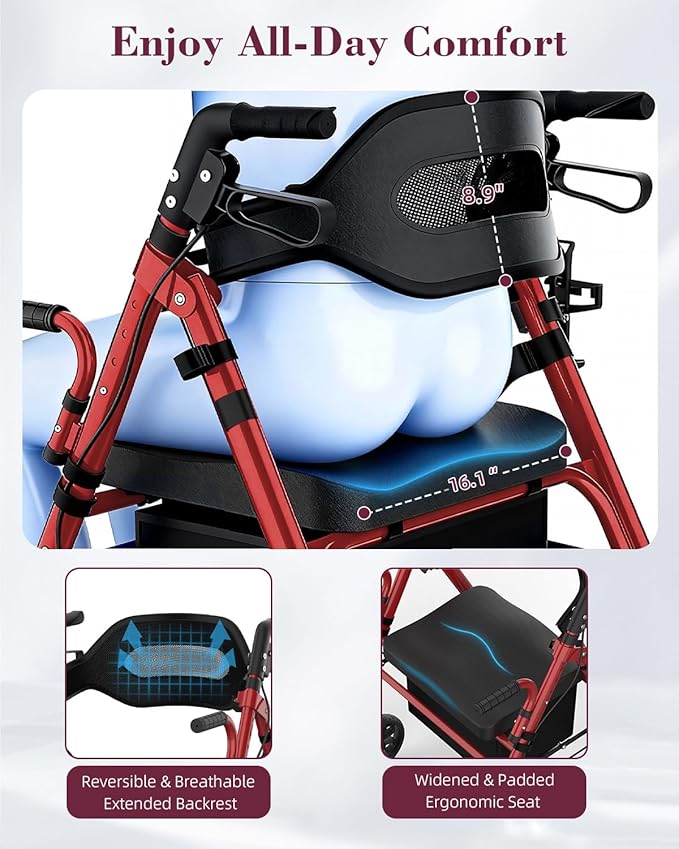Walkers for Seniors with Seat, 2 in 1 Rollator Walker & Transport Chair with Reversible Backrest & Detachable Footrests, Folding Wheelchair with 8" Anti-Slip PU Wheels, Red