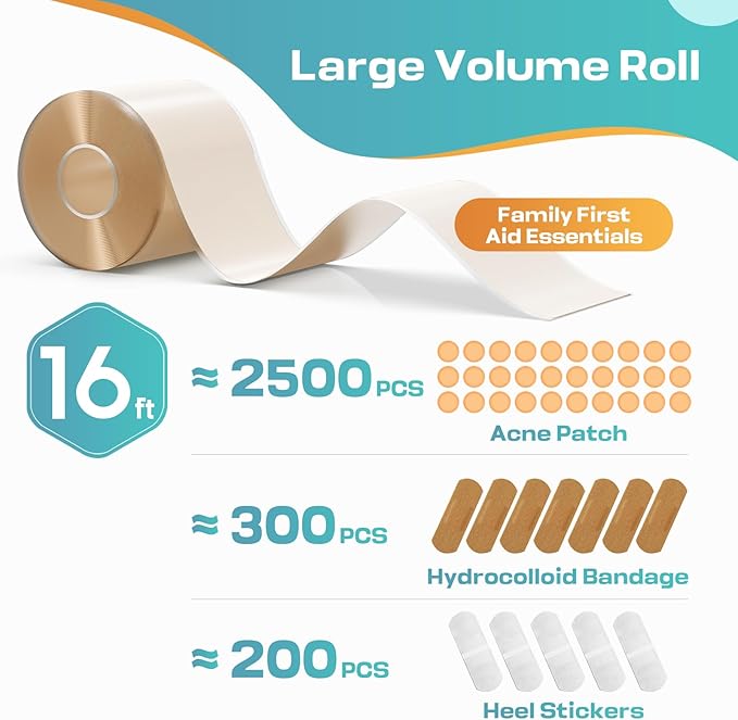 Hydrocolloid Roll for Wound Care, Medical-Grade Hydrocolloid Patch Bandages with Self-Adhesive, Cut-to-Size Ultra Absorbent, Flexible & Waterproof, First Aid Kit Essential (2in*16ft)