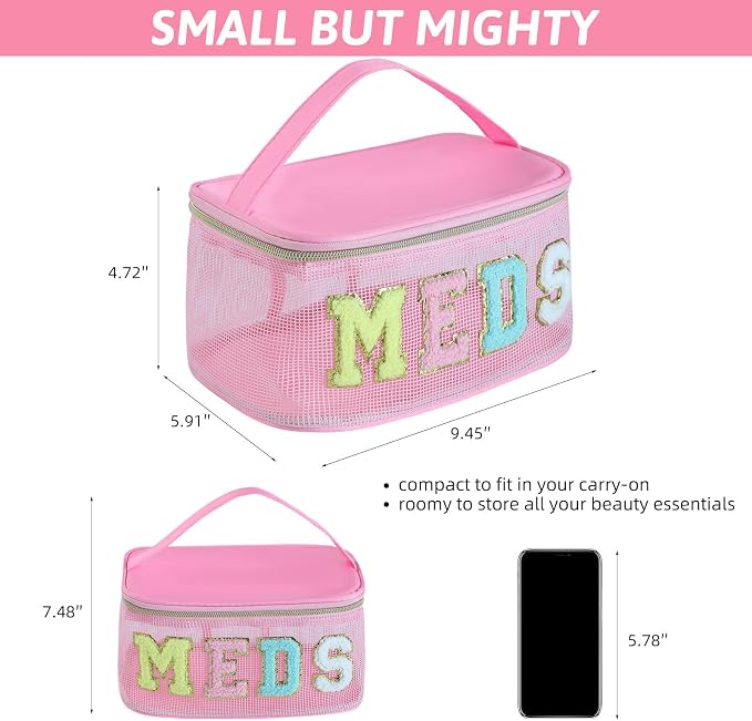 Medicine Bag, Portable Meds Bag with Chenille Letters, Breathable Mesh Makeup Bag Organizer for Travel, Pill Storage & Cosmetic Collection