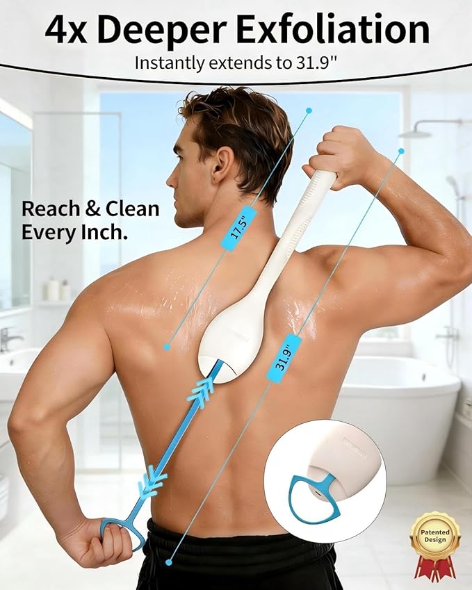 BUBBLEDANCE® Exfoliating Back Scrubber with Extendable Long Handle (17.5"~31.9") | Deep Cleansing Body Scrubber for Oily & Rough Skin | Upgraded Shower Towel & Washcloth to Prevent Back Acne
