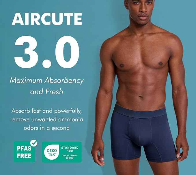 AIRCUTE Washable Absorbency Incontinence Underwear for Men, 6" Inseam Urinary Protective Boxer Briefs for Bladder Leaks 60ML (X-Large, Blue)