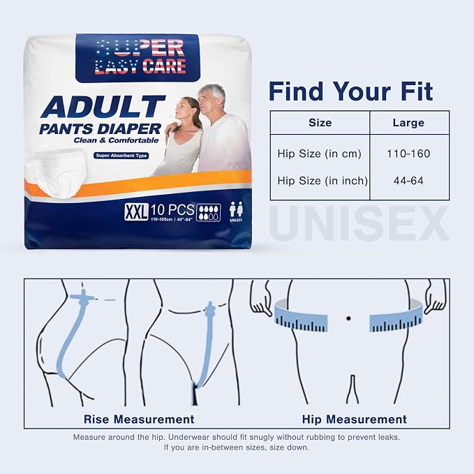 Super Easy XXL Adult Diapers Pack of 10 | Leakproof Disposable Incontinence Underwear | High Absorbency for Men & Women