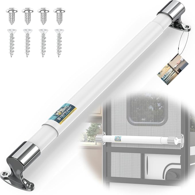 Adjustable RV Screen Door Handle Cross Bar, White, 21.7-33 in | Aluminum Pull Rod for Motorhome, Camper, Fifth Wheel and Travel Trailer Doors; Quick Install, Helps Protect Screen Mesh